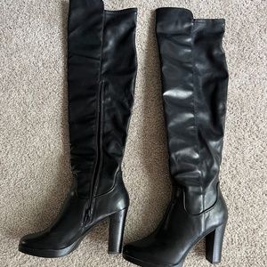 Knee-high Faux Leather Heeled Boots, Black